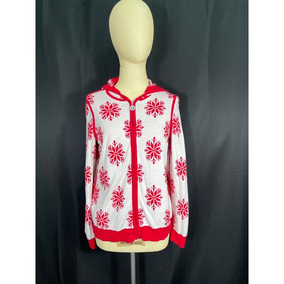 Reversable Holiday Sweater Hoodie, Red & White Snowflakes, Zip Up Ugly Christmas - Picture 1 of 10